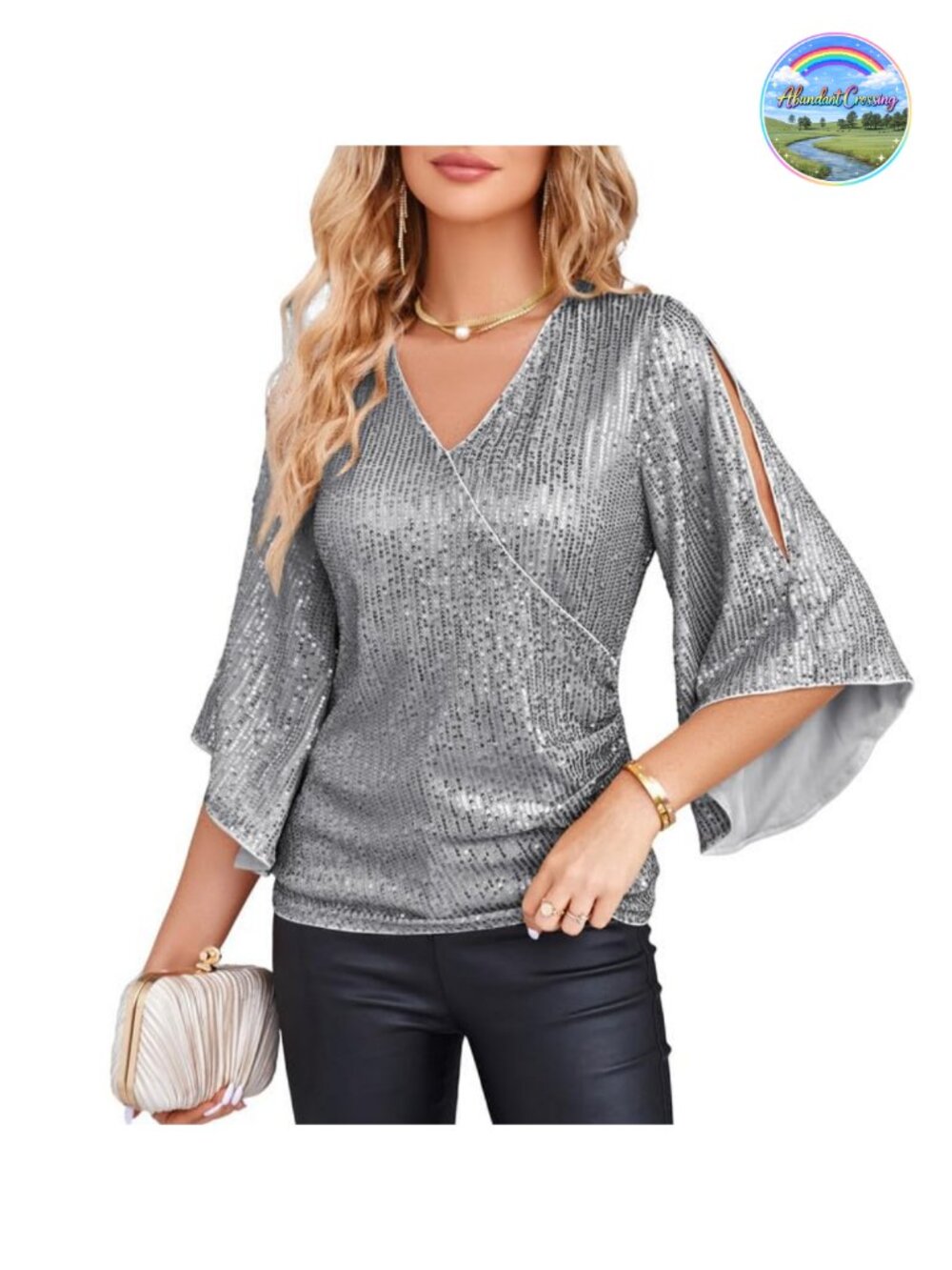 Sequin Party Blouse 3/4 Sleeve V-Neck Slim Fit Tunic Top
